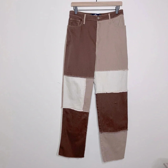HOLLISTER ULTRA HIGH-RISE BROWN PATCHWORK DAD JEANS SIZE 9 - Picture 6 of 11